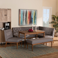 Baxton Studio BBT8051.13-GreyWalnut-5PC Dining Nook Set Baxton Studio Riordan Mid-Century Modern Grey Fabric Upholstered and Walnut Brown Finished Wood 5-Piece Dining Nook Set